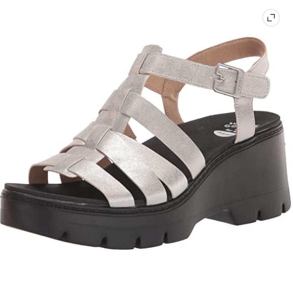 Dr Scholls Check It Out Metallic Silver Platform Wedge Sandals Women's Size 10M